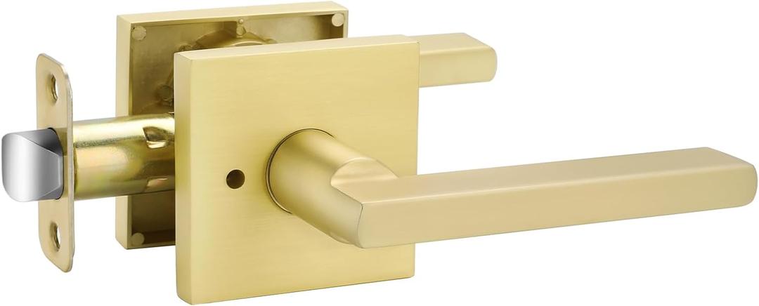 Goldenwarm Gold Door Handle Interior, Zinc Alloy Heavy Duty Brushed Gold Interior Door Handle for Bedroom Bathroom, Modern Square Privacy Door Levers (1 Pack)