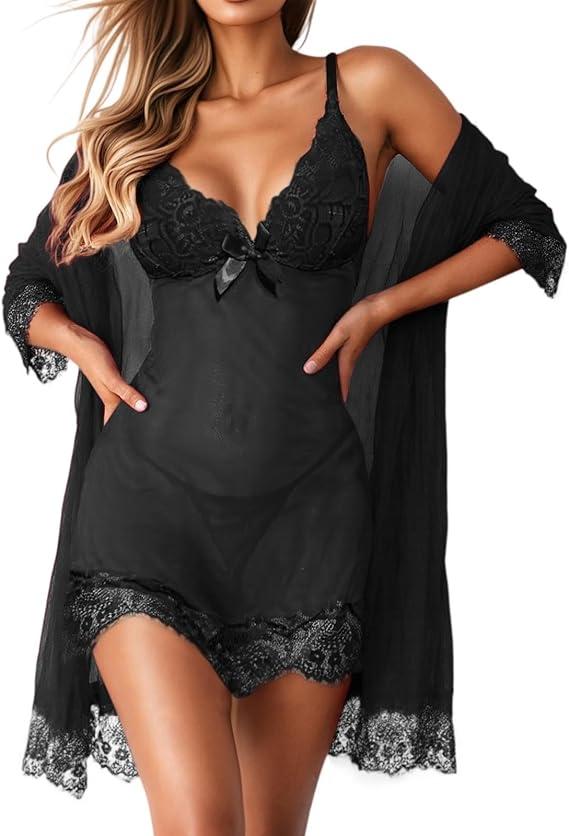 Women Sexy Lingerie Set 2 Piece Babydoll Lace Kimono Robe Strap Chemise Sleepwear Mesh Nightgown, Size L