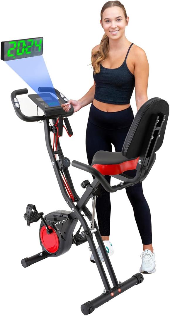 YYFITT 3-IN-1 Exercise Bike with Luminous Digits Display | Folding Stationary Bikes for Home Seniors | Compact Workout Bike with Fully Support Backrest - Wider Seat - 16 Level Magnetic Resistance (Red)