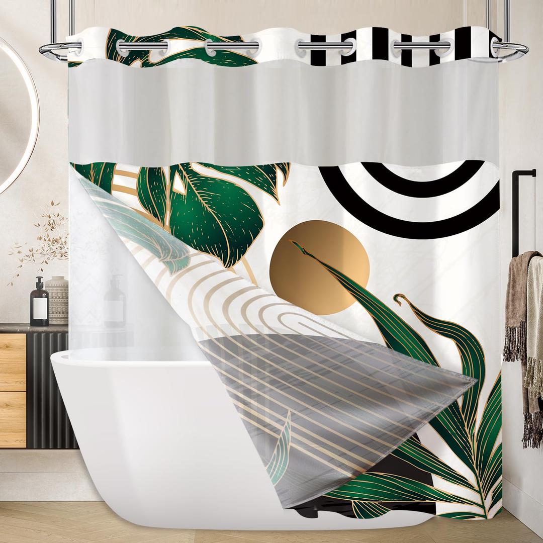 Miyotaa No Hook Abstract Sage Green Shower Curtain with Snap in Liner, Minimalist Plant Leaves Geometric Aesthetic Double Layers 71Wx74H with See Through Mesh Top Bath Accessories Home Decor