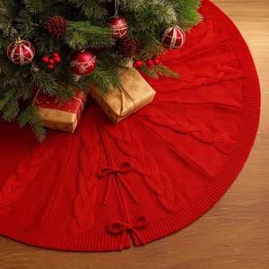 24 Inch Red Knitted Small Christmas Tree Skirt, Chunky Cable Knit with Elegant Twist Design, Perfect for Xmas Holiday Decorations