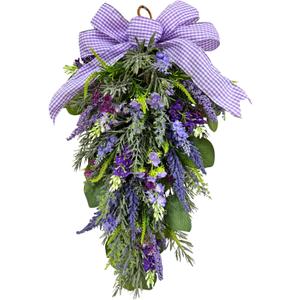 23 Inch Pre-lit Lavender Teardrop Swag, Farmhouse Spring Summer Teardrop with Purple Gingham Bow, Battery Operated with Timer & 10 Warm White Lights, Floral Decoration for Wall Door Farmhouse