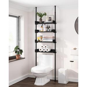 ALLZONE 4 Tier Over The Toilet Storage, Adjustable Wood Over Toilet Bathroom Organizer, Freestanding Shelves, Fit Most Showers Over The Toilet Shelf, 92 to 116 Inch Tall, Black
