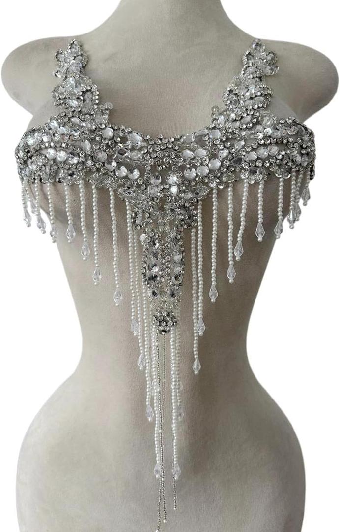 Pure Handmade Rhinestones Beads Patches Trim Bodice Applique Sewing Fringe Tassel Chain for DIY Clothing Wedding Decoration 15X19.6inches (Clear AB)