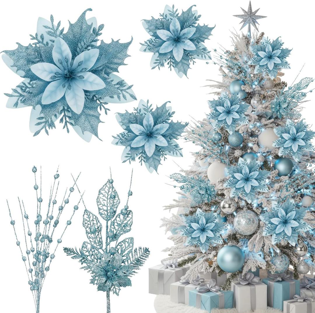 22 Pcs Christmas Tree Decorations Set 8 Pcs Poinsettia Flowers Artificial with Clips 14 Pack Glitter Berries Stems Floral Picks Christmas Ornaments for Holiday Wreath Party Decor(Blue)