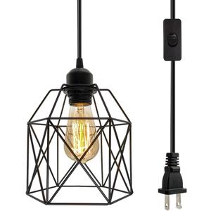 OmiSun Industrial Plug in Pendant Light, Black Cage Pendant Light Fixture with On/Off Switch, E26 Socket Vintage Hanging Light, Farmhouse Pendant Lighting for Kitchen Living Room Dining Room