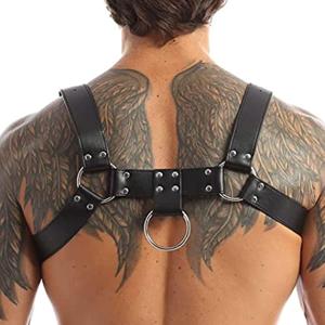 Men's Black Leather Punk Clubwear Harness, Half Chest Harness with Tongue Buckle Closure