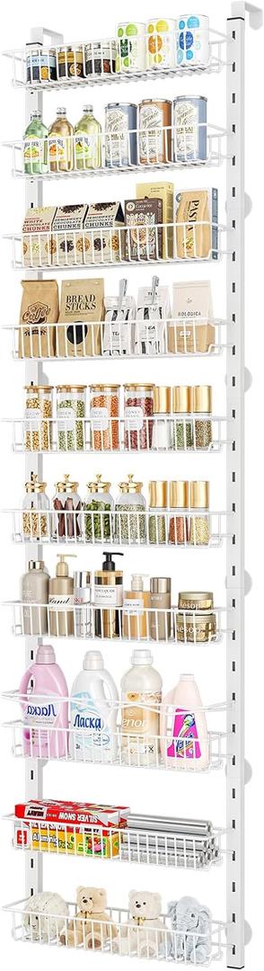 MIAOLI Over the Door Pantry Organizer, 10-Tier Adjustable Spice Rack Cabinet Door Shelves, Hanging Seasoning Organizer for Kitchen Bathroom, Laundry Room Organization, White