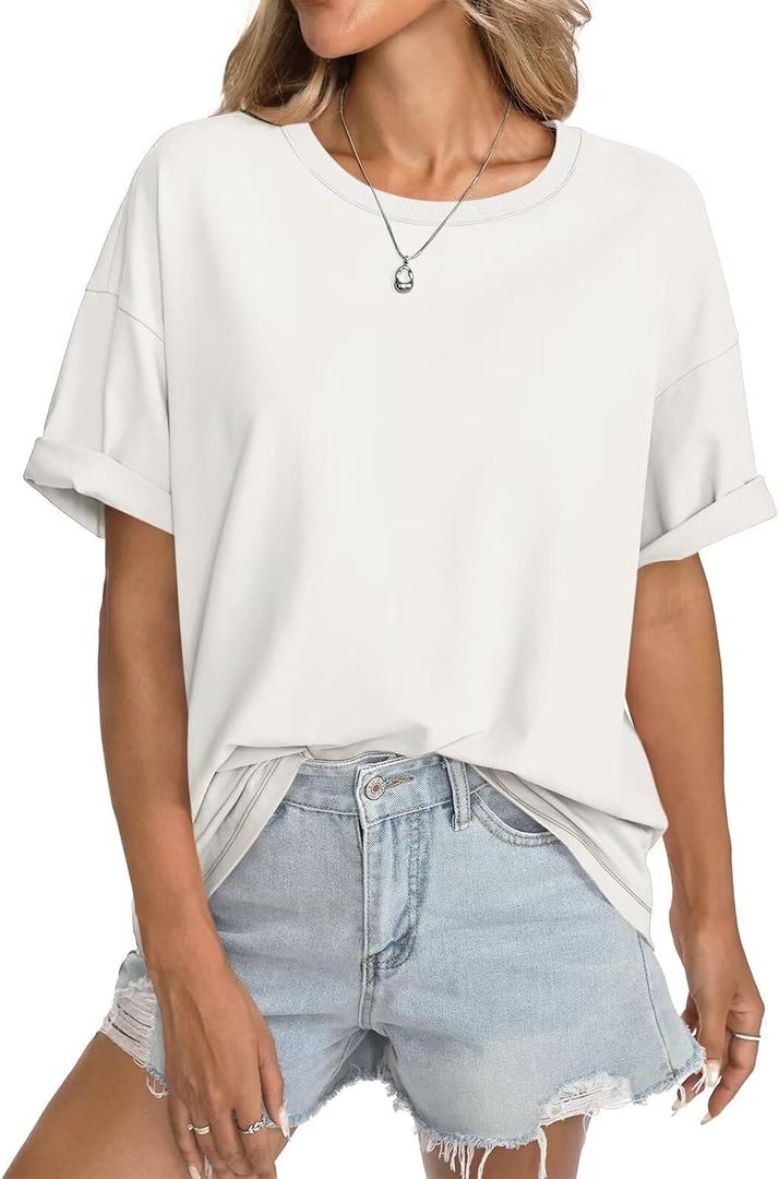 Womens Cotton Oversized T Shirts Short Sleeve Tops Ribbed Crewneck Loose Fit Tee Summer Fashion Clothes 2026 (X-Small)