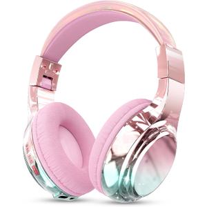 QearFun Kids Bluetooth 5.3 Headphones, Wireless Metallic Gradient Headset, Lightweight Foldable On Ear Headphones with Aux Cord, Fast Charging, Built-in Mic, for School/Travel/Tablet/iPad (Pink)