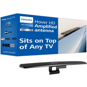Philips Hover Amplified HD Digital TV Antenna, Long Range Smart TV Antenna, Easy Mount on Top of TV Design, Supports 4K 1080P HD VHF UHF, Signal Booster, Coax HDTV Cable/AC Adapter, SDV7219N/27