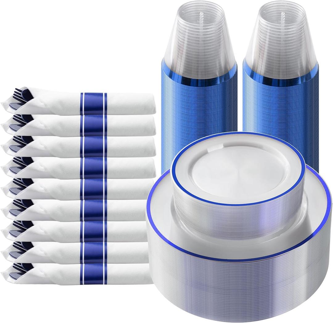 Goodluck 175 Piece Dark Blue Plastic Dinnerware Set for Party, Clear Disposable Plates for 25 Guests, Includes: 25 Dinner Plates, 25 Dessert Plates, 25 Pre-Rolled Napkins with Cutlery Set, 25 Cups