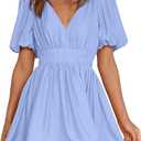BWQ Women Mini Dress Short Puff Sleeve Sexy V Neck Dress A-line Elastic High Waisted Casual Flowy Summer Dresses