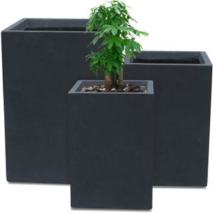 Kante 18.5",15.7",12.6" H Tall Rectangular Concrete Planters Set of 3, Outdoor Indoor Lightweight Plant Pots with Drainage Hole and Rubber Plug, Modern Style for Home Garden Patio, Charcoal