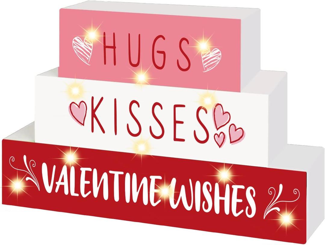 Valentines Day Decor,11 LED Valentine Wood Block Sign, Valentines Day Decorations Valentine Wishes Rustic Letters, Farmhouse Home Table Centerpiece Decorations, Tiered Tray, Tables, Mantel Decor,Valentine's Day Gifts for her/him