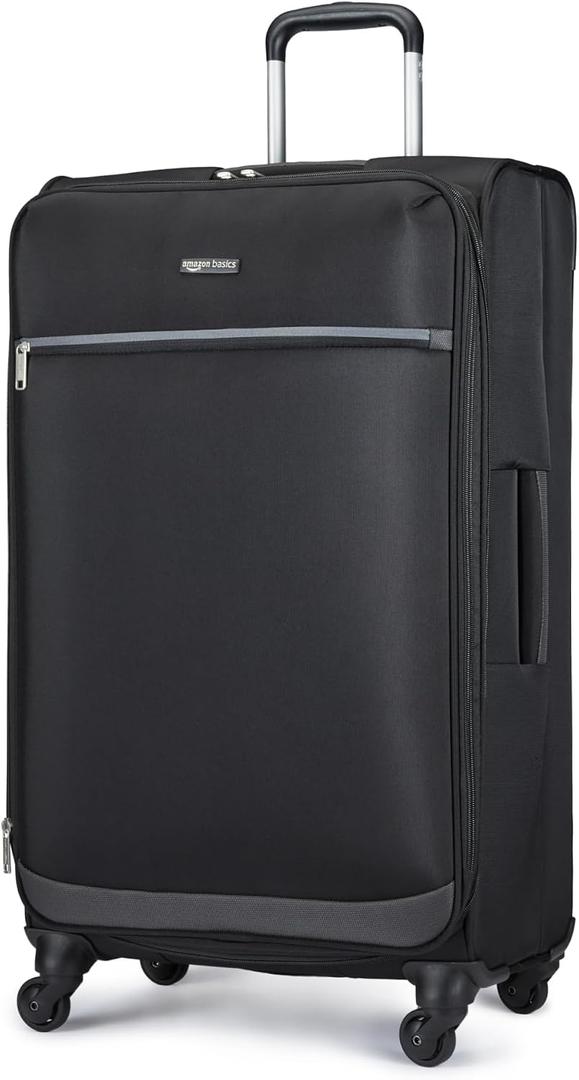 Amazon Basics 28" Large Checked Softside Expandable Suitcase with 360-Degree Multi-directional Spinner Wheels, Expandable Capacity, Zippered Pockets, Telescoping Handle, Black