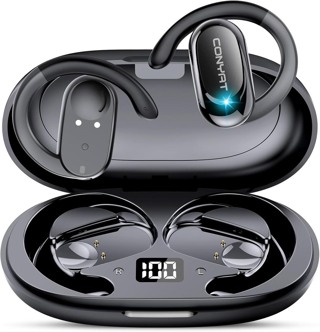 Open Ear Bluetooth 5.4 Earbuds with Earhooks, 58 Hours Earphones, IP7 Waterproof, Black