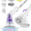 Electric Spin Scrubber, Cordless Shower Scrubber Rotary Floor Brushes & Pad Drivers with 6 Brush Heads - 2H Dual Speed, IPX7 Waterproof Extension Handle for Bathroom Tile Car Cleaning (White)