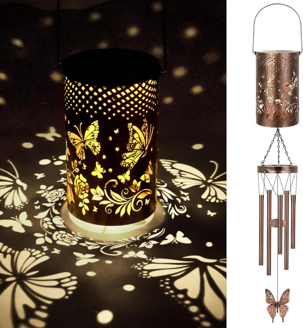 Solar Wind Chimes for Outside Butterfly Gifts for Women Mom, Hanging Solar Lantern Memorial Wind Chimes, Christmas Windchimes for Outdoors Garden Decor