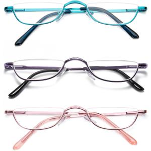 DXYXYO Small Half Frame Reading Glasses for Women 2.5+, 3 Pack Half Moon Metal Readers with Spring Hinge, Purple Blue Pink