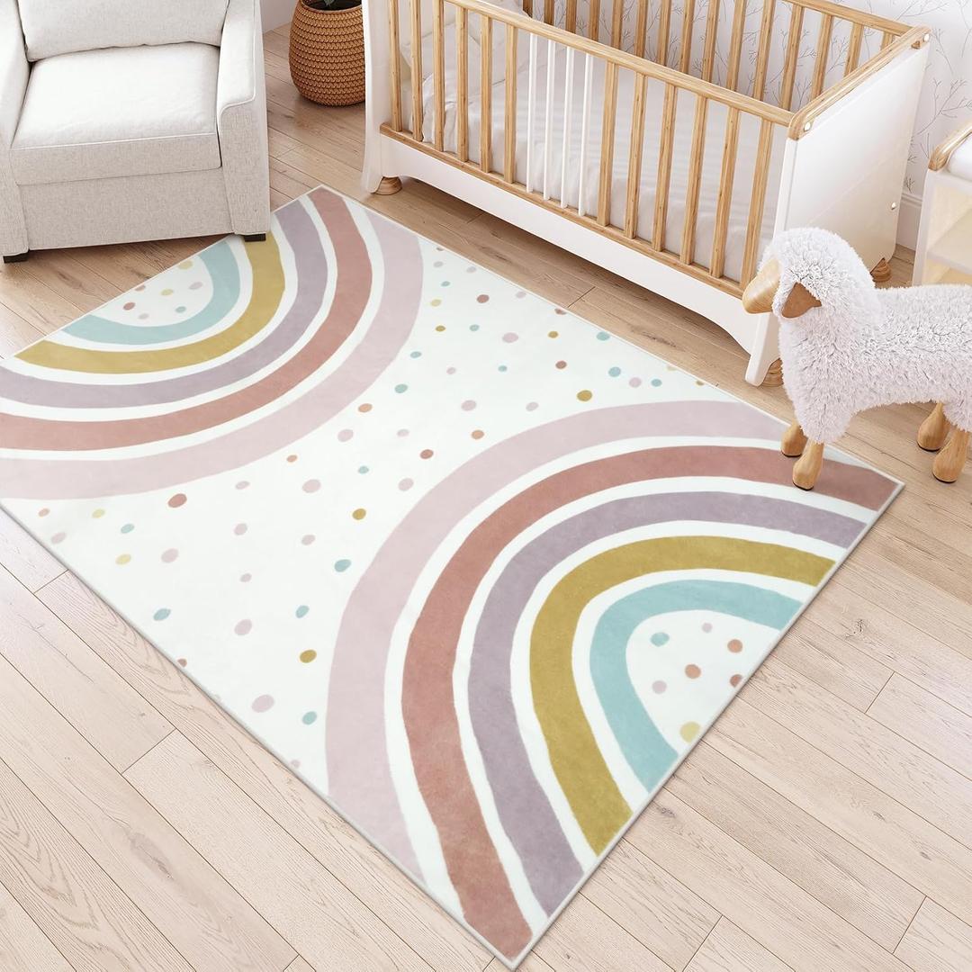 STARUIA Boho Rainbow Rug for Girls Bedroom, Large Area Rug 5x7 Washable Kids Rugs for Playroom Tent Castle, Non-Slip Soft Play Mat Carpet Nursery Rugs for Kid Room Classroom Dorm (Morandi)