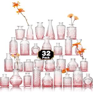Arme Bud Vase Set of 32, Pink Vases in Bulk Bud Vase for Flower Small Glass Vases for Wedding Centerpieces, Vintage Cute Mini Flower Vase, Home Table Flower Decor