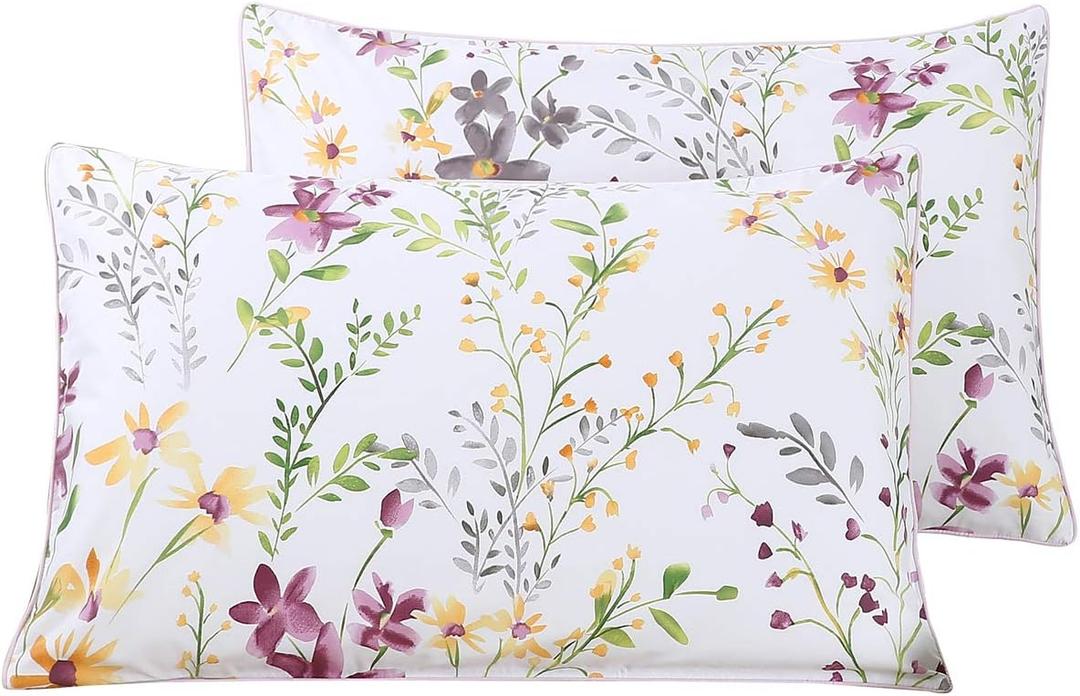 WINLIFE 100% Cotton Pillowcases Garden Floral Printed Pillow Cases Set of 2 Pillow Cover (King Size 20'' x 36'', Lilac)