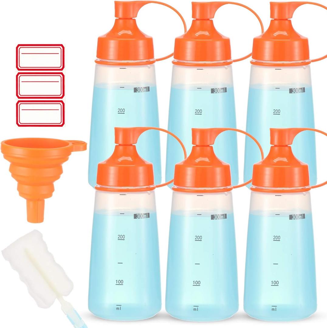 Plastic Condiment Squeeze Bottles for Sauces Wide Mouth - Salad Dressing Bottle Dispenser for Sauce Cooking Oil Ketchup Syrup Liquids Griddle Paint Mustard Resin (6-Pack (orange), 10, ounces)