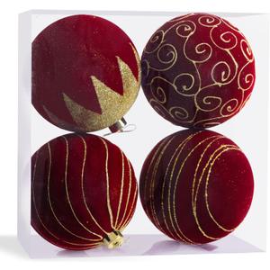 Large Velvet Christmas Ornaments, 5.9" Burgundy Velvet Christmas Ornaments Balls 4 pcs Decorative Baubles for Christmas Tree, Big Red Xmas Balls for Holiday Yard Home Party Xmas Decoration