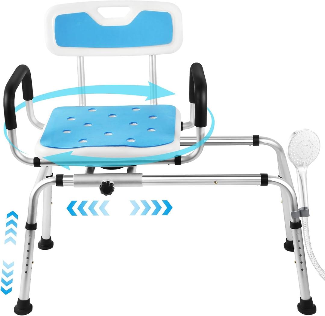 Sliding Shower Chair Tub Transfer Bench with Swivel Seat-Adjustable Height, Padded Armrests & Non-Slip Feet - Shower Chair for Inside Tub, Ideal for Seniors & Disabled