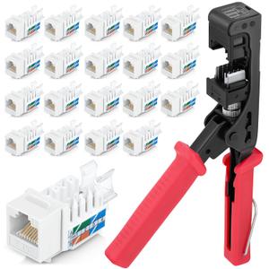 Everest easyJACK - 45 Angled Speed Termination Keystone Tool Set - with 20-Pack of RJ45 Cat6 Keystone Jacks in White (Slim Profile Design) - Time Saver Network Punch Down Tool Cat6