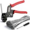 112PCS Heavy Duty 304 Stainless Steel Cable Tie Gun Kit, Includes 110PCS 11.8 Inch Metal Zip Ties, Self-Locking, UV & Corrosion Resistant, for Fence, Exhaust Pipe, Chicken Coop, Farm Use