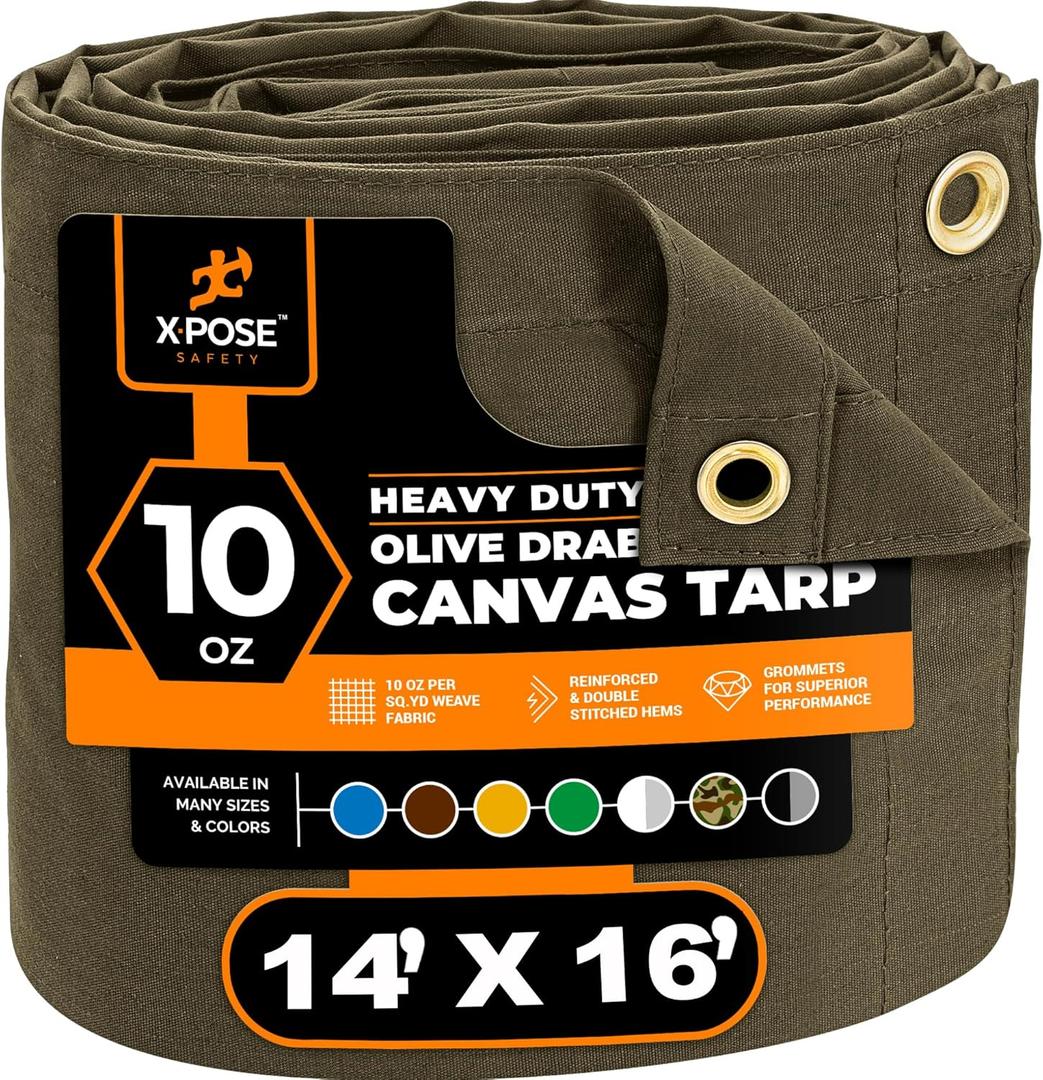 Xpose Safety Canvas Tarp - 10oz Olive Drab Canvas Tarps Heavy Duty Water Resistant with Brass Grommets- Multipurpose Outdoor Tarpaulin for Camping, Canopy, Trailer, Equipment Cover 14' x 16'