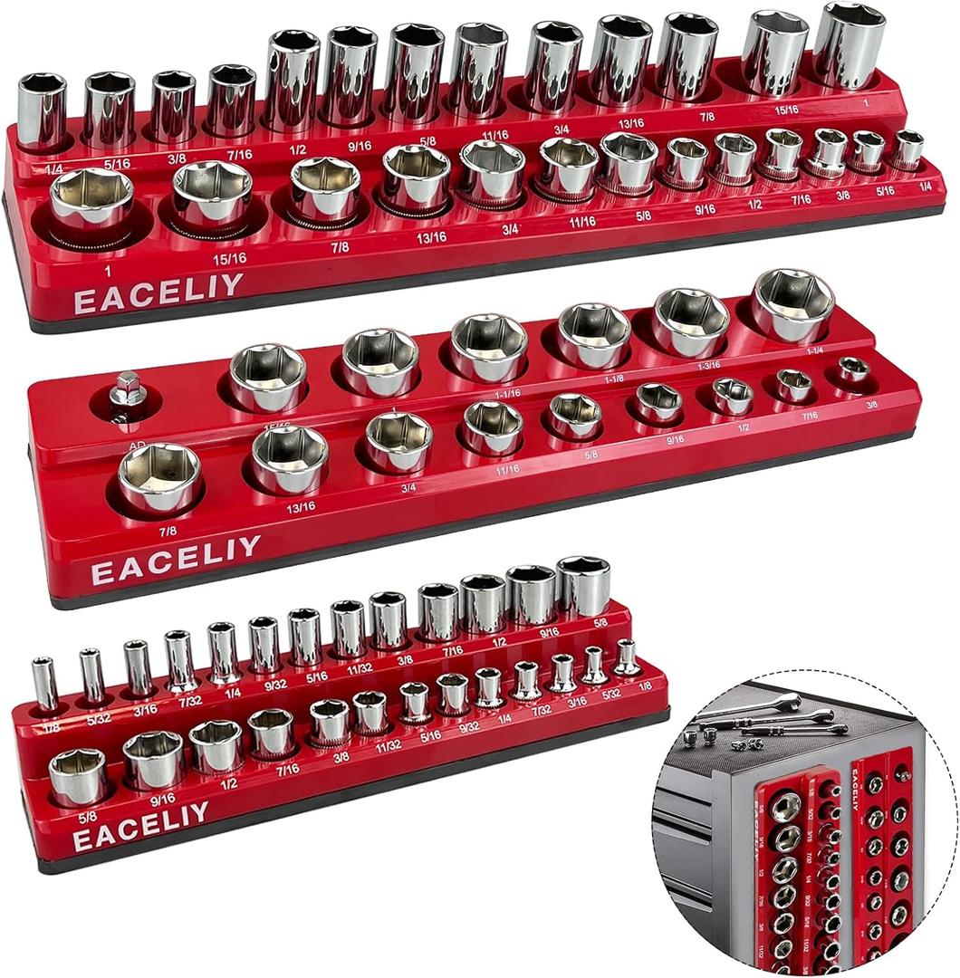 3Pcs 1/2", 1/4" and 3/8" Magnetic Socket Organizer Set,SAE Socket Holder Kit, Socket Traysholds 68 Deep and Shallow 3/8" Sockets(sockets not included)