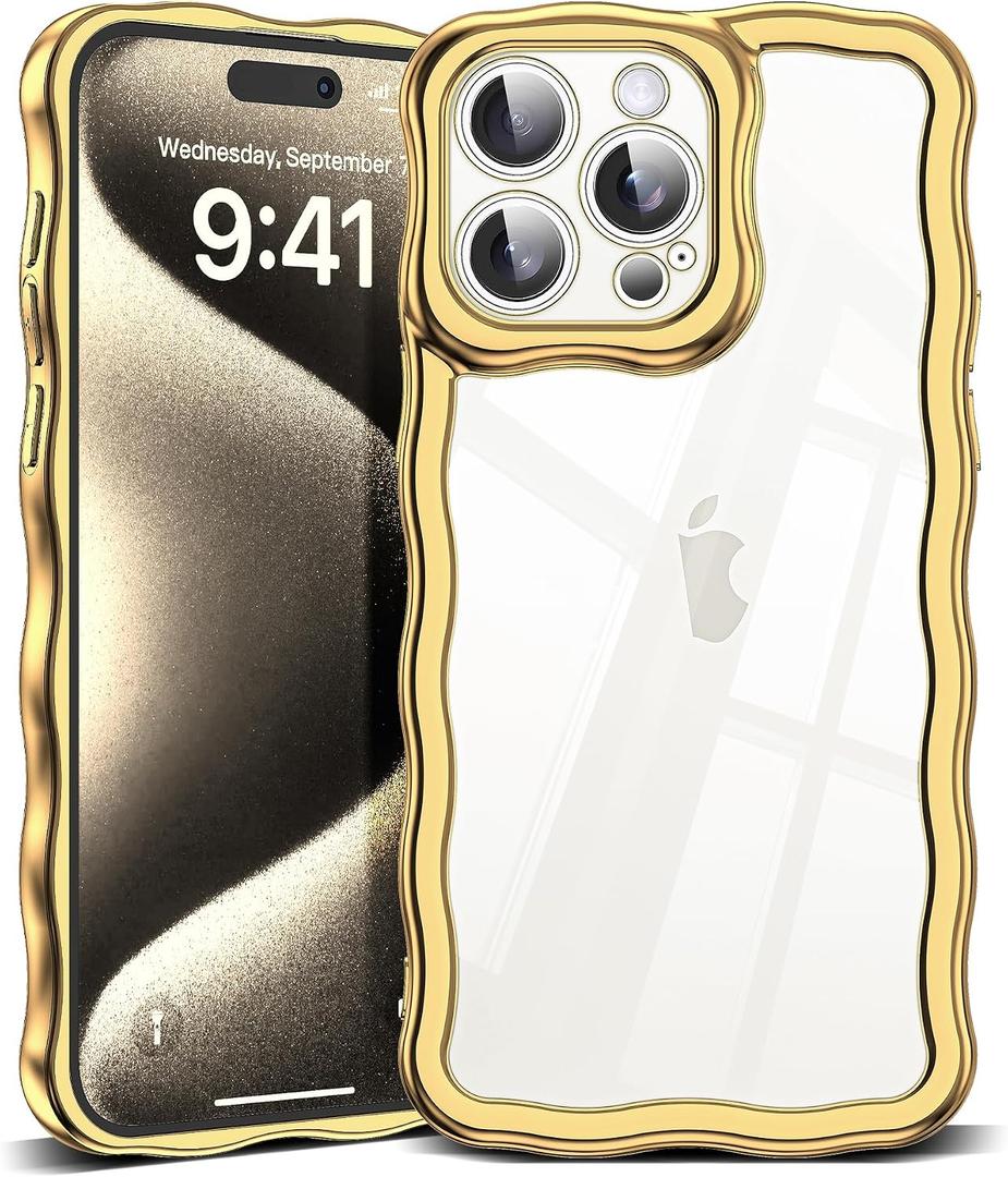 SKYLMW Compatible with iPhone 15 Pro Max Case, Kawaii Cute Curly Wave Frame Luxury Plating Edge, Stylish Glossy Clear Back, Soft TPU Shockproof Protective Cases for iPhone 15 Pro Max, Gold