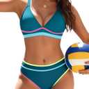 Blooming Jelly Women's Cheeky Bikini Sets Color Block Two Piece Swimsuit Crisscross Back Sporty Bathing Suits Curvy Swim Suit (X-Large, Dark Cyan)
