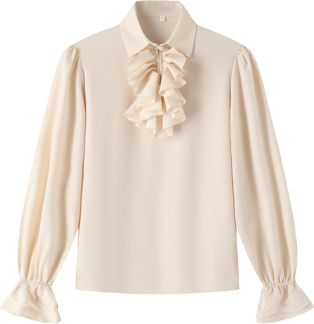 Boys Kids Medieval Pirate Shirt Vampire Costume Renaissance Victorian Scottish Jacobite Ghillie Halloween Tops Beige (6-8 Years)