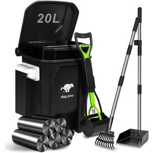 Dog Poop Trash Can Outside with Pooper Scooper and Metal Rake & Tray, 20L/5Gal Dog Waste Trash Can with Lid, Pedal and Removable Inner Waste Bin, Pet Poop Bin with 100 Bags
