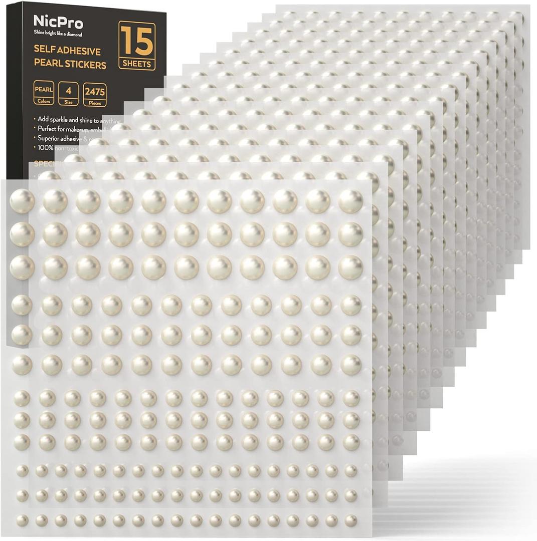 2475 PCS Pearl Stickers Self Adhesive, Nicpro 4 Size Stick On Makeup Pearl Gem White Jewel Decor for Face, Body, Nail, Hair, Phone Art Craft Scrapbooking Embellishments Assorted Size 3mm/4mm/5mm/6mm