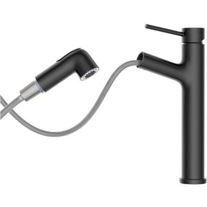 Vessel Sink Faucet Black with Pull Out Sprayer, Hurran Tall Bathroom Faucets with Pop Up Drain, Stainless Steel Single Handle Faucets with 2 Spout Patterns