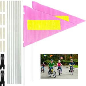 Bike Safety Flag with Pole 2 Sets, 6-Foot Adjustable Height Sturdy Fiberglass Tear-Resistant Waterproof Pink Safety Flag (PINK)