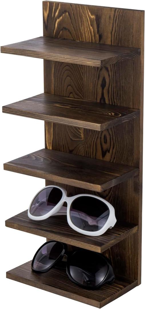 MyGift 5 Tier Rustic Burnt Solid Wood Sunglasses Holder Rack, Wall Mounted Eye Glasses Shelf or Tabletop Display Stand, Retail Eyewear Showcase Storage Organizer (Burnt Wood)