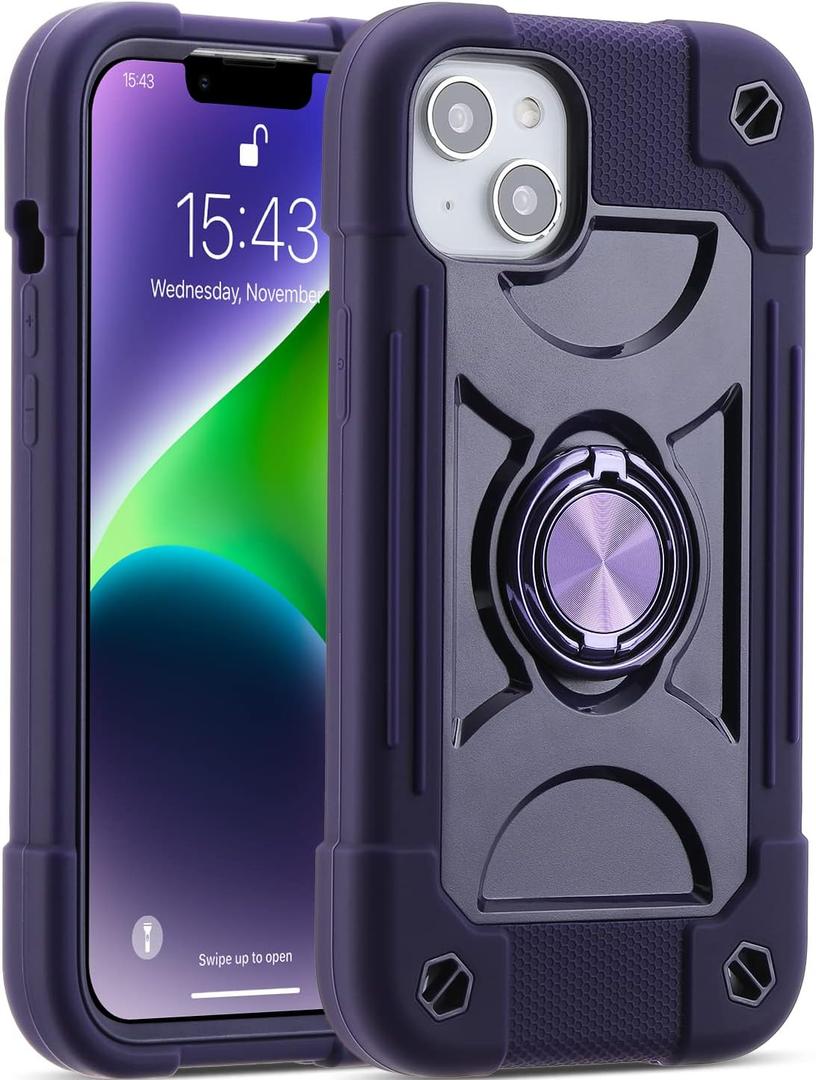 MARKILL Compatible with iPhone 14 Case/iPhone 13 Case 6.1 Inch with Built-in 360Rotating Ring Stand, Military Grade Drop Protection Full Body Rugged Heavy Duty Durable Cover. (Deep Purple)