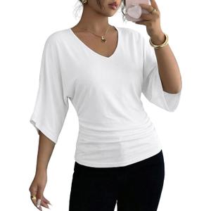 EVALESS Womens Tops Spring Summer Dressy Casual V Neck 3/4 Batwing Sleeve Ruched T-Shirt Business Work Outfits Blouses (White, L)