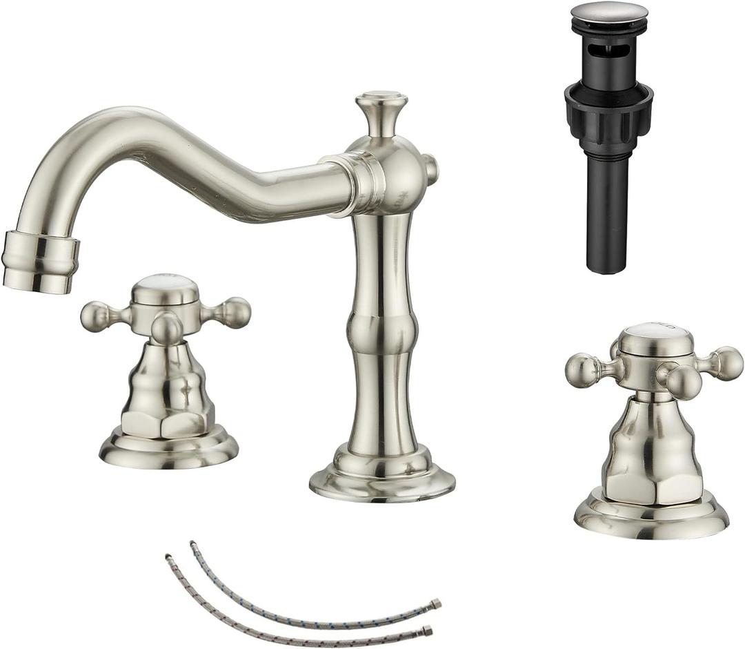 GGStudy 2 Handles 3 Holes Faucet Widespread Bathroom Sink Faucet Brushed Nickel Basin Tap Mixer Faucet Matching Pop Up Drain