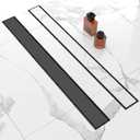 48-Inch Linear Shower Drain with Tile Insert Grate, SUS 304 Stainless Steel Linear Drain, Matte Black Long Rectangle Shower Floor Drain with Leveling Feet, Hair Strainer, Fits Bathroom