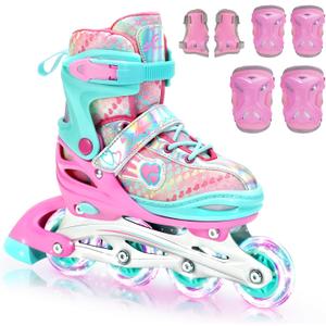 Sportneer Adjustable Inline Skates for Girls, Kids Inline Skates with Light Up Wheels Roller Blade with Protective Gear Set for Kids Girls Women Beginners Indoor & Outdoor Use (L (Foot Length: 9.7-10.6inch), Pink)