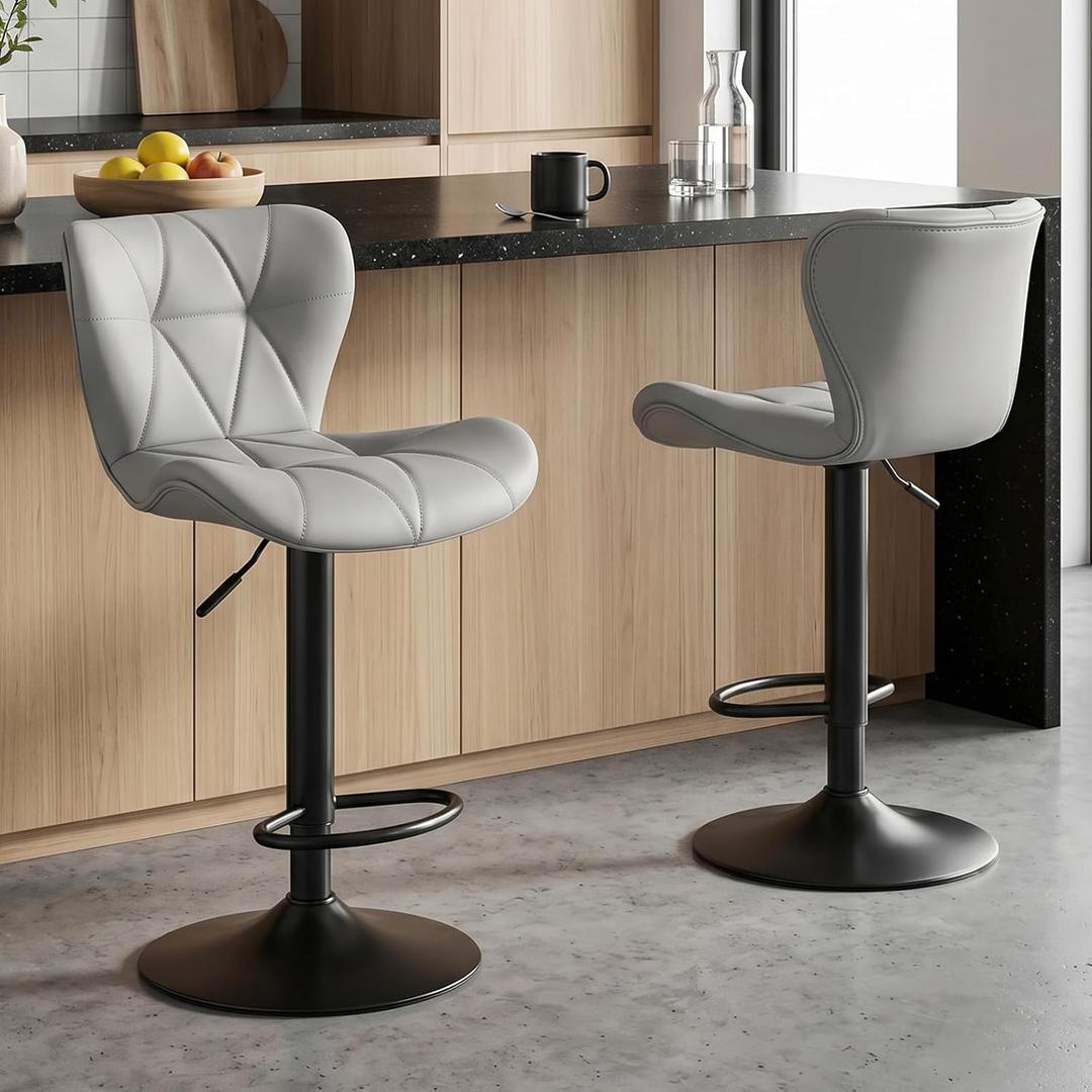 HAPPYMONT Bar Stools Set of 2, PU Leather Adjustable Height Swivel Barstool | Modern, Counter Height Chairs, Back, Footrest, Padded Seat, Kitchen Island, Living Room, Dining Room, Cafe, Grey