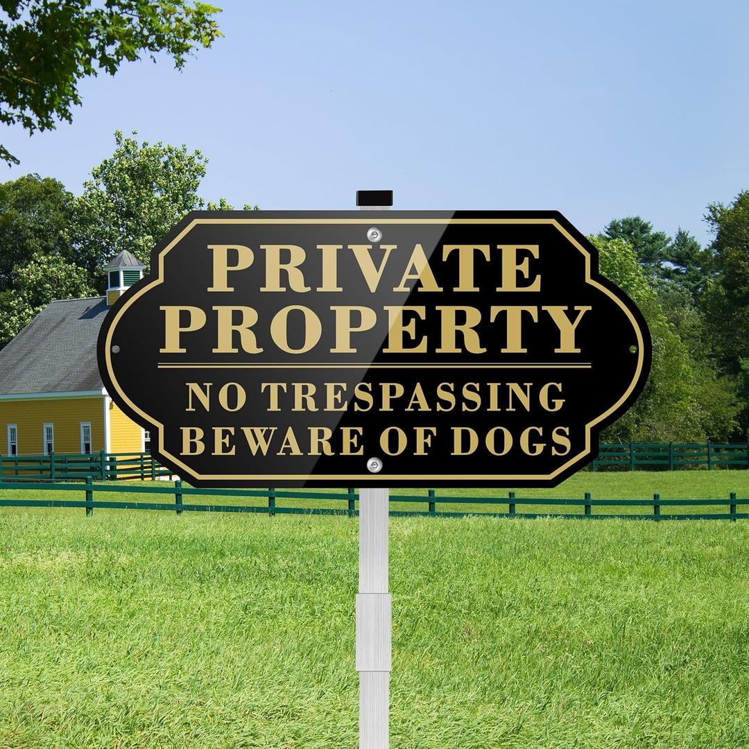 Private Property No Soliciting No Trespassing No Loitering Sign for House and Yard 14 x 7 Inches Sign with 28 Inches Long Stake Rust Free Aluminum Metal (Style E)