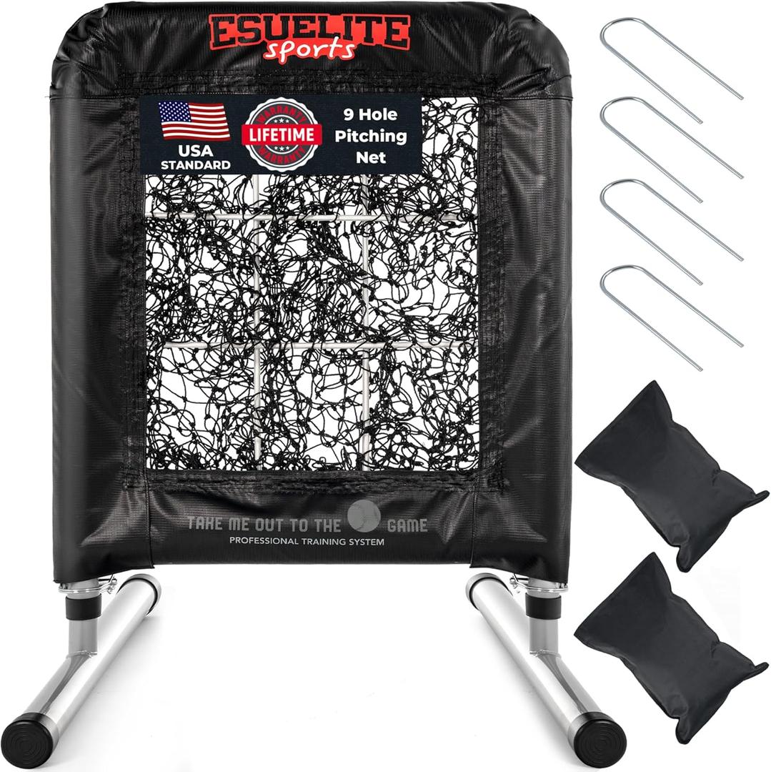 Heavy-Duty 9 Hole Pro Style Baseball & Softball Pitching Net with Strike Zone Target - Adjustable Portable Design